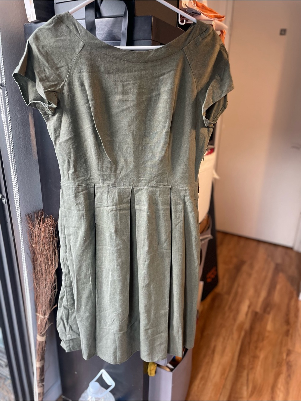 Lila Kass Olive Green Pleated Short Sleeve Dress with white belt -Fit Flare